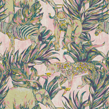 wallpaper Natural Textured Eco-Friendly Non-toxic High-quality Sustainable Interior Design Bold Custom Tropical Jungle Coastal Garden palm leaf tree zoo safari elephant zebra cheetah gorilla water color oversized kids playroom nursery green pastel neon pink linen