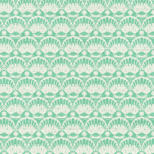 printed grasscloth paperweave wallpaper seashell horizontal stripe Natural Textured Eco-Friendly Non-toxic High-quality  Sustainable practices Sustainability Interior Design Wall covering custom tailor-made retro chic tropical bespoke nature Seaside Coastal Seashore Waterfront Vacation home styling Retreat Relaxed beach vibes Beach cottage Shoreline Oceanfront Nautical green mojito white